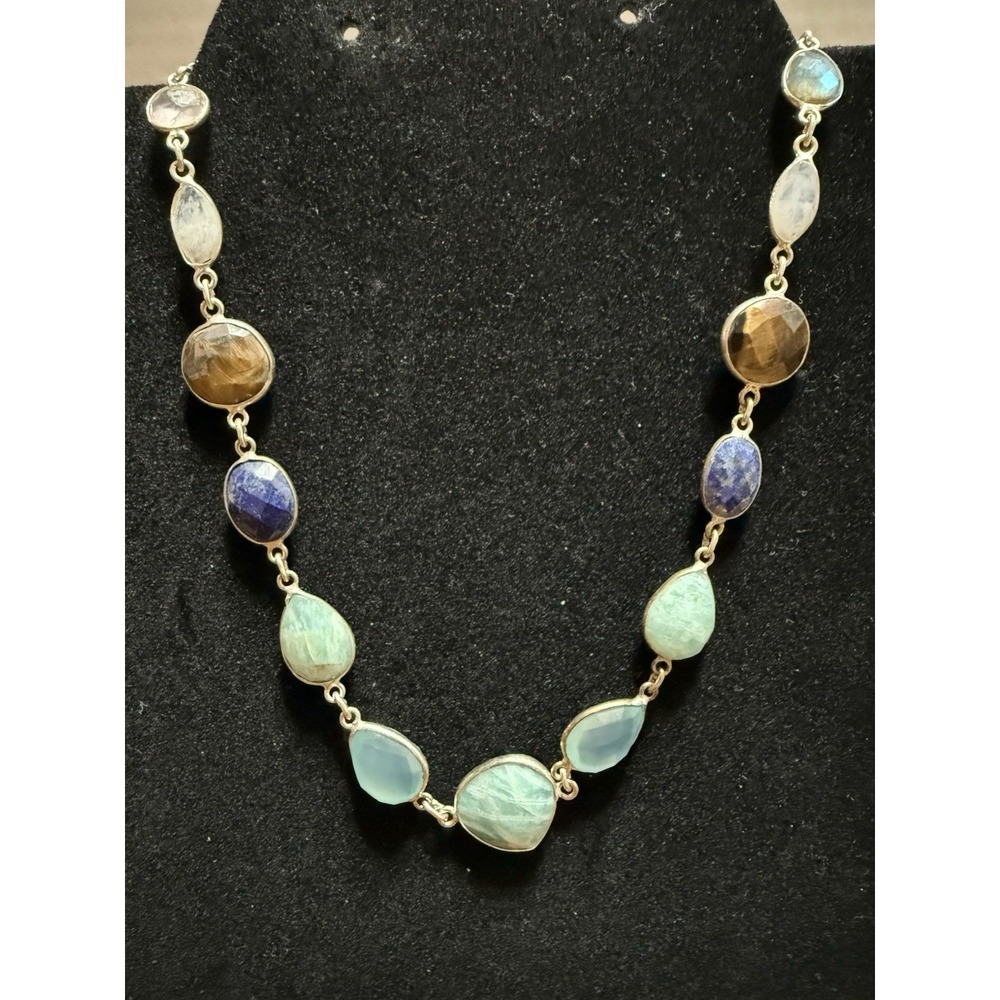 Sterling Silver multi Genuine Stones Faceted Necklace 925 Lapis Smoky Quartz 14"